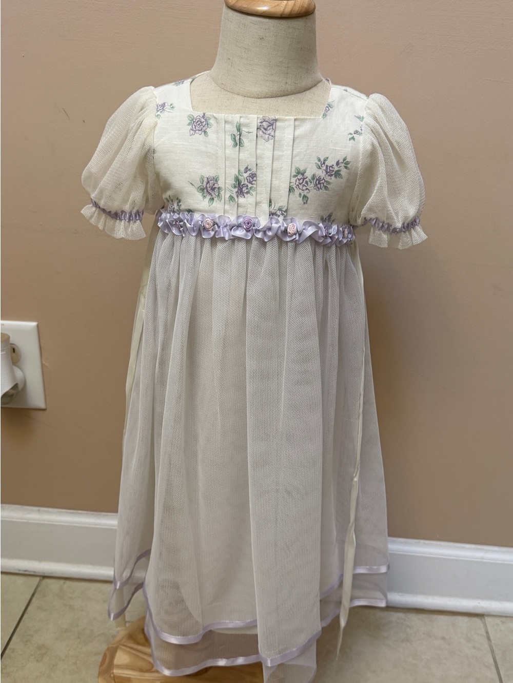 Jenny Annie Dots White and Lavender Floral Overlay Dress with Ribbon Rosettes